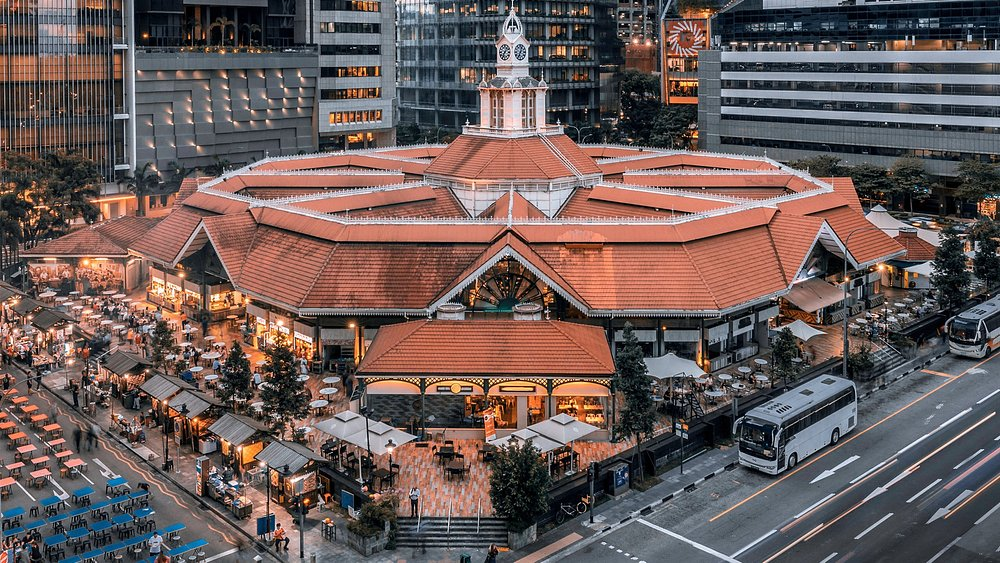 Lau Pa Sat Hawker Centre at night, famous for its satay street in Singapore's Central Business District