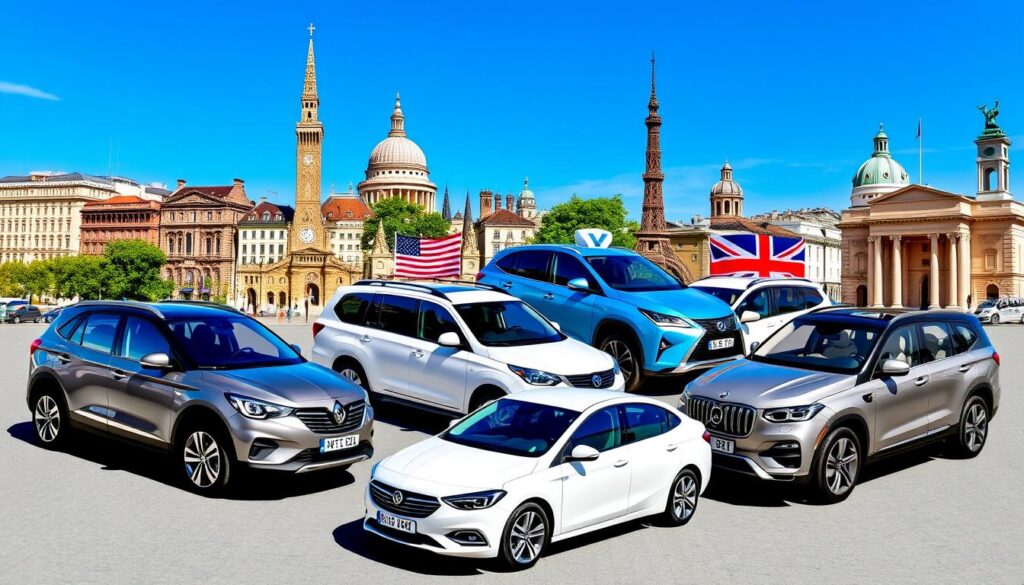 A vibrant collage of various rental vehicles, showcasing a compact car, an SUV, a luxury sedan, a minivan, and a convertible parked together in an urban setting, surrounded by landmarks from different countries, under a bright blue sky.