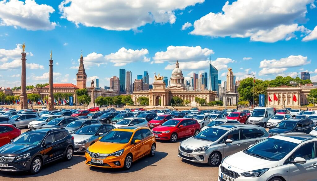 A vibrant cityscape featuring various rental cars parked in front of iconic landmarks from around the world, showcasing a diverse array of makes and models, all under a bright blue sky with fluffy clouds. A sense of adventure and exploration is conveyed through the bustling atmosphere, with hints of international flags and monuments subtly integrated into the background.